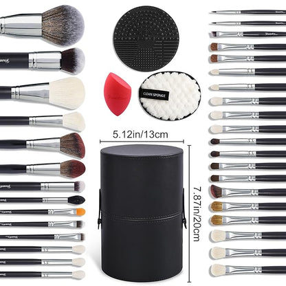 Bueart Design Pro makeup Artist 34Pcs Deluxe Real Goat Hair Horse hair Makeup Brushes Set with extra Large Holder High End Professional labeled makeup brush set with natural Pony Hair