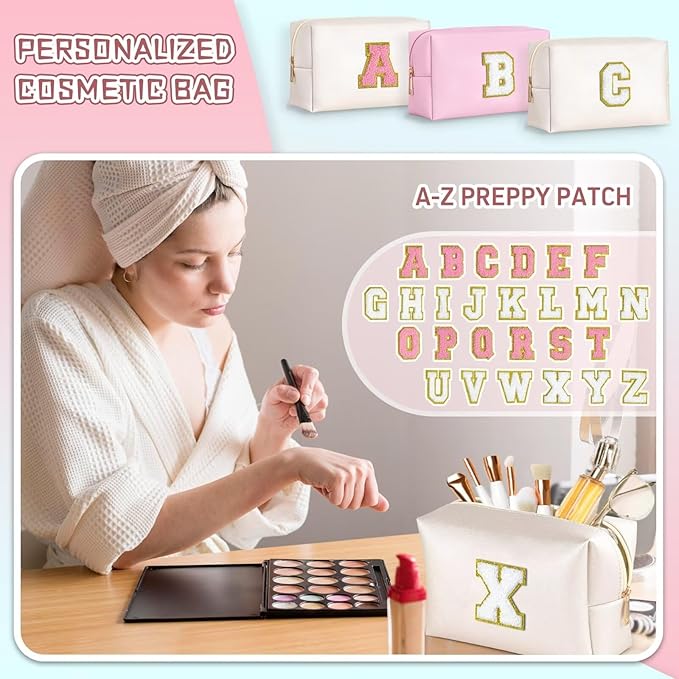 TOPEAST Birthday Gifts for Girls, Travel Makeup Bag Chenille Letter Pouch Cosmetic Bag, Makeup Travel Organizer, Monogrammed Bridesmaid Gifts for Women, Cute Stuff for Girls (White J)