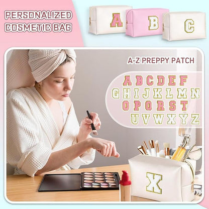 TOPEAST Personalized Makeup Bag, Chenille Letter Pouch Cosmetic Bag w Zipper, PU Leather Waterproof Toiletry Bag, Bridal Shower Gifts for Bridesmaids, Cute Stuff for Girls (White P)