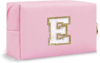 Personalized Chenille Letter Preppy Patch Makeup Bag, Small Pink Travel Cosmetic Bag Initial Toiletry Zipper Pouch Monogram Makeup Storage, Waterproof Makeup Case Travel Essentials for Women(Letter E)