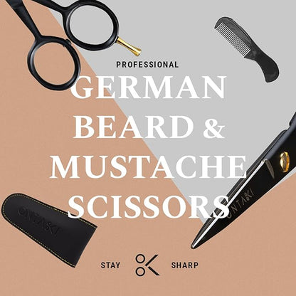 Ontaki Professional Beard Scissors for Men - 5 in Hand-Forged Black 410C German Steel - Includes 2 Combs & PU Pouch - Beard & Mustache Grooming Kit