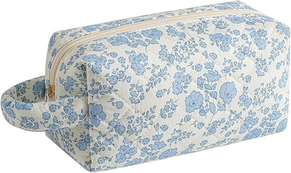 Makeup Bag Travel Cosmetic Bag for Women, Zipper Make Up Pouch, Floral Flowers Toiletry Organizer Makeup with Handle, Cosmetic Travel Cloth Bag (Blue Floral)