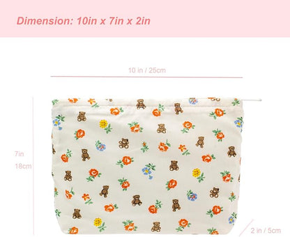 PAZIMIIK Floral Makeup Bag Large Cotton Zipper Pouch for Purse Travel Canvas Make Up Organizer for Women Cosmetic,Flower Bear White