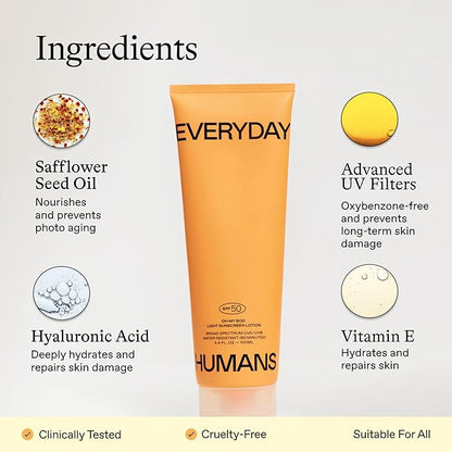 Everyday Humans Oh My Bod SPF50 Sunscreen Body Lotion 3.4 oz | Travel Ultra Light & Invisible SPF | Sweat & Water Resistant | Doesn't Sting Eyes | UVA/UVB Broad Spectrum Protection | Oxybenzone Free