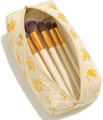 Floral Cotton Makeup Brush Cosmetic Bag for Women,Travel Quilted Zipper Pouch,Large Capacity Flowers Toiletry Organizer, Kawaii Makeup Storage Case, Cosmetic Travel Cloth Bag–Yellow/Orange Flowers