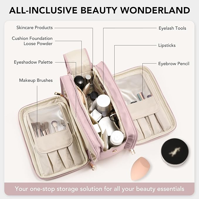 Travel Makeup Bag Women's Large Capacity Cosmetic Portable Organizer Large Opening Waterproof Storage Toiletry Bags Vertical Free-Standing Brush Holder for Easy Access Pink