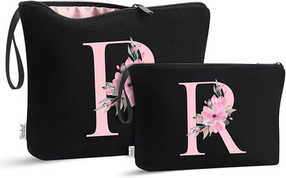 Vavabox A-Z Personalized Makeup Bag, Birthday Gifts for Women Mom, Gifts for Best Friend, Bride Bridesmaid Cosmetic bag (R, 04-Black Set)
