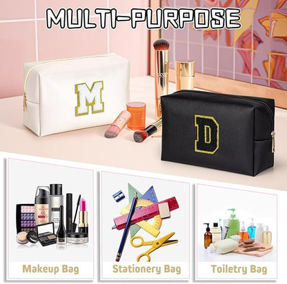TOPEAST Preppy Stuff for Girls, Initial Makeup Bag Chenille Letter Pouch Cosmetic Bag with Zipper, PU Leather Waterproof Toiletry Bag, Cute Stuff Birthday Gift for Friends Sister (Black T)
