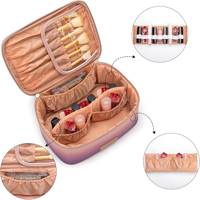 Montana West X Wrangler Travel Makeup Bag 2pcs Set Large Cosmetic Bag with Makeup Brush Holder Portable Make Up Organizer Cute Toiletry Bag with Divider and Handle for Women Gradient