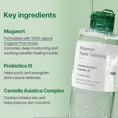 Mugwort Super Calming Toner - Korean Hydrating Toner for face, Purifying Mugwort Essence, Soothing, Calming, Refreshing Facial Toner for Oily, Dry, and Sensitive Skin, Daily Skin Care, 8.45 fl.oz