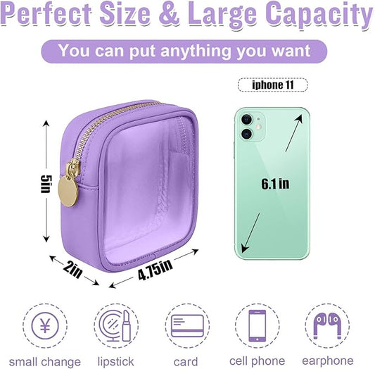 Mini Clear Travel Makeup Organizer Bag for Purse, Small Cute Makeup Bag Preppy Cosmetic Zipper Pouch Purse, Transparent PVC & Nylon Travel Coin Pouch Sanitary Napkin Storage Bag for Women Girl(Purple)