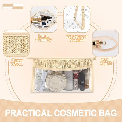 Small Boho Straw Clear Makeup Bags for Women&Girls, Zipper Cosmetic Bag Chenille Varsity Letter Patch Bag, Preppy Cute Toiletry Pouch, Trendy Organizer Storage Pouch for Beach Travel Essentials
