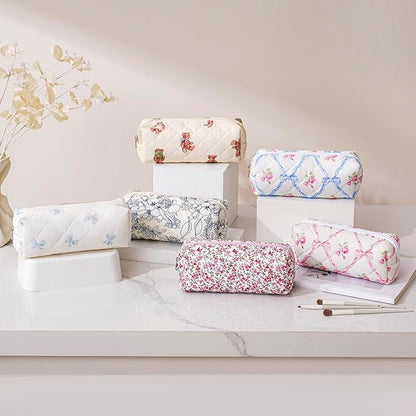 Cute Floral Cotton Makeup Brush Cosmetic Bag for Women, Travel Quilted Zipper Make Up Bag, Flowers Toiletry Organizer Case Kawaii Makeup Cosmetic Travel Cloth Pouch (Pink Bow Tie)