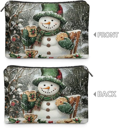 COEQINE Mini Cosmetic Bags for Women Leather Makeup Bag Large Travel Make up Brush Case Toiletry Bag for Womens Holiday Birthday Christmas Gifts,Cute Snowman Designer