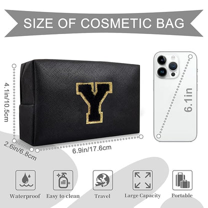 Personalized Initial A-Z Preppy Patch Makeup Bag,Small PU Chenille Letter Cosmetic Bag with Zipper for Teen Girls,Black Cute Toiletry Organizer Bag,Monogram Makeup Case Gift for Women Girls,Letter Y