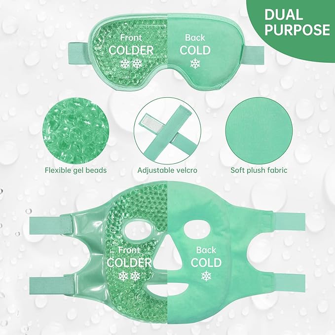 ZNÖCUETÖD Cooling Ice Face Eye Mask for Reducing Puffiness, Bags Under Eyes,Sinus,Redness,Pain Relief,Dark Circles, Migraine,Hot/Cold Pack with Soft Plush Backing(Green(1* Eye Mask+1*Face Mask))