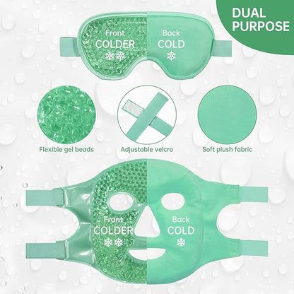 ZNÖCUETÖD Cooling Ice Face Eye Mask for Reducing Puffiness, Bags Under Eyes,Sinus,Redness,Pain Relief,Dark Circles, Migraine,Hot/Cold Pack with Soft Plush Backing(Green(1* Eye Mask+1*Face Mask))