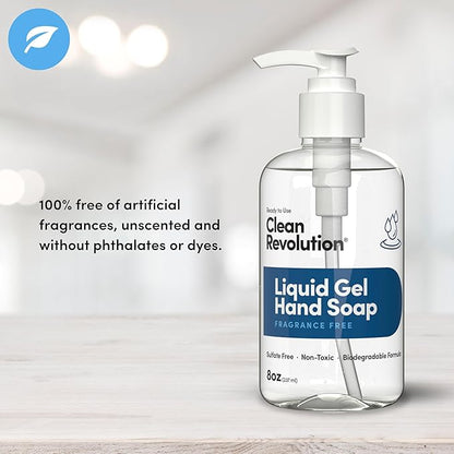 Clean Revolution Liquid Gel Hand Soap, Silky Rich Liquid, Quick Lather, Fast Rinsing (Fragrance Free) 8 Fl Oz (Pack of 2)