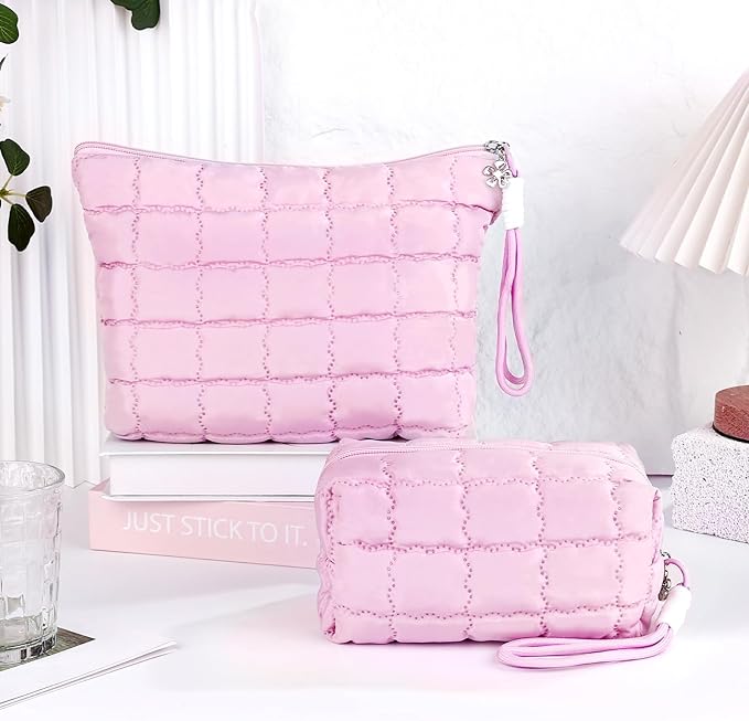 Richeart Makeup Bag Travel Toiletry Bag - Checkered Down Cotton Makeup Pouch for Women with Cosmetic and Pencil, Aesthetic Pink Design, Small