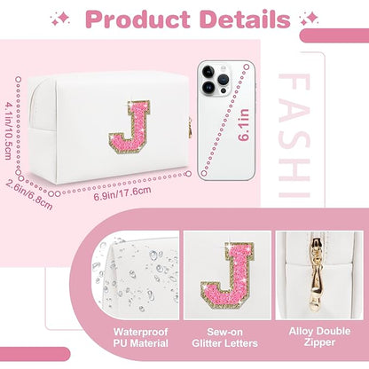 Small Personalized Initial A-Z Patch Makeup Bag,White Cute PU Leather Glitter Letter Cosmetic Bag for Teen Girls,Travel Toiletry Bag with Zipper,Preppy Monogrammed Birthday Gift for Daughter Niece J
