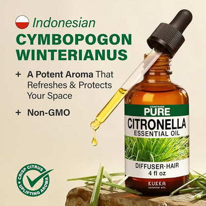 KUKKA Citronella Essential Oils - 4 Fl Oz - for Hair, Skin, Diffuser, Aromatherapy & DIY Soap Making Scent