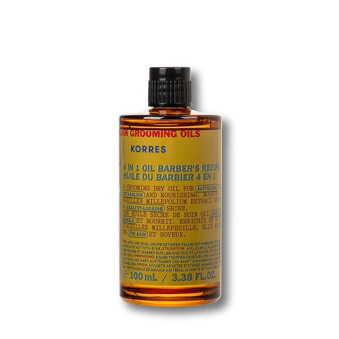 KORRES Athenian Grooming 4-in-1 Men’s Care Oil, Dry Oil for Hair & Beard with Achillea Millefolium, Abyssinian, Almond & Olive Oils, Detangles, Softens, Vegan, Silicone & Paraben Free, 3.38 Fl Oz