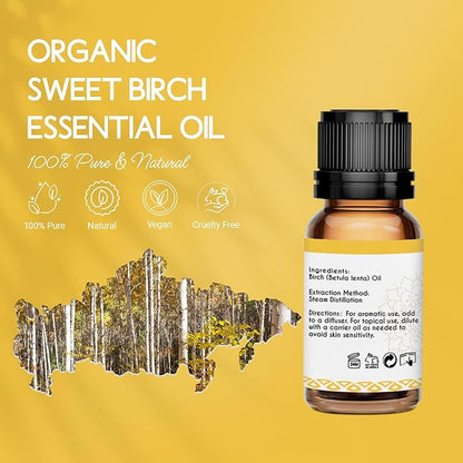 Organic Birch Essential Oil 0.34 Fl Oz, 100% Pure Birch Oil for Aromatherapy, Massage, DIY & Skin Care, 10ml Amber Bottle with Dropper