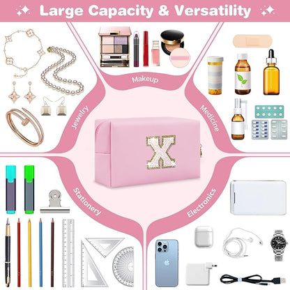 Small Personalized Initial A-Z Patch Makeup Bag,Pink Cute PU Leather Glitter Letter Cosmetic Bag for Teen Girls,Travel Toiletry Bag with Zipper,Preppy Monogrammed Birthday Gift for Daughter Niece X