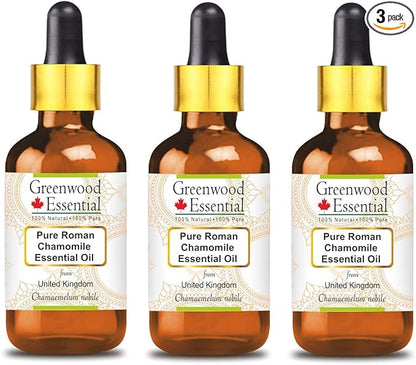 Greenwood Essential Pure Roman Chamomile Essential Oil (Chamaemelum nobile) with Glass Dropper Steam Distilled (Pack of Three) 100ml X 3 (10.1oz)