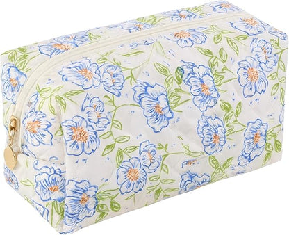 Floral Cotton Makeup Brush Cosmetic Bag for Women & Men, Travel Quilted Zipper Pouch, Large Capacity Flowers Toiletry Organizer, Kawaii Makeup Storage Case, Cosmetic Travel Cloth Bag-Blue Flowers
