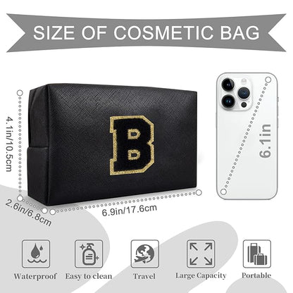 Personalized Initial A-Z Preppy Patch Makeup Bag,Small PU Chenille Letter Cosmetic Bag with Zipper for Teen Girls,Black Cute Toiletry Organizer Bag,Monogram Makeup Case Gift for Women Girls,Letter B