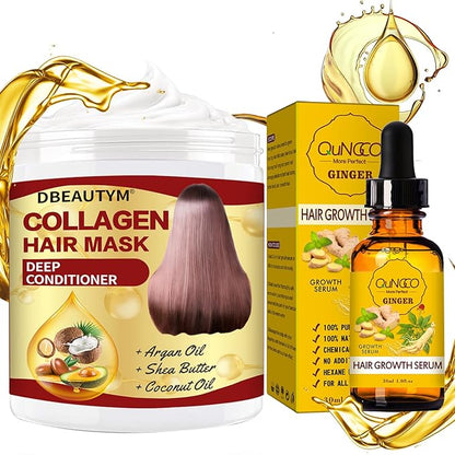 Collagen Hair Treatment Hair Mask & Hair Growth Serum,Deep Conditioner Hydrating Hair Mask for Dry Damaged Hair,Hair Growth Oil for Hair Loss,Natural Hair Regrowth Treatment for Men and Women