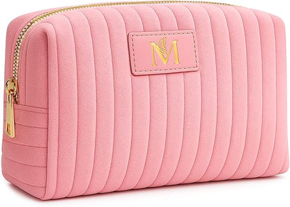 Monogrammed Make Up Bags for Women,Personalized Cosmetic Bags Women,Small Quilted Makeup Pouch,Cute Makeup Bag Travel,Birthday Gifts for Teen Girl (Pink M)