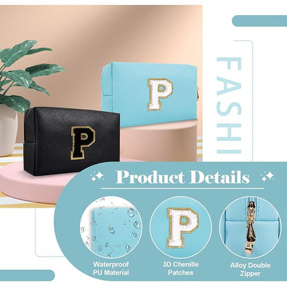 Small Personalized Initial A-Z Preppy Patch Makeup Bag,PU Chenille Letter Travel Cosmetic Pouch with Zipper,Blue Cute Toiletry Bag,Gift Ideal for Teen Girls Women Teacher Bridesmaid,Letter P