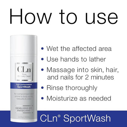 CLn® SportWash – High-Performance Sport Body Wash, For Men & Women Prone to Body Odor, Foot Odor, Ringworm, Folliculitis, & Back Acne, Fragrance-Free & Paraben-Free, 3.4 fl. oz.