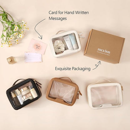 PACKISM Large Clear Makeup Bag - Pebbled Texture & Hard PU Leather Car Bag Organizer for Car Essentials, with Message Card Travel Cosmetic Bag for Women Gift (Cream Large)