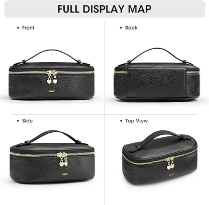 Kattee Makeup Bag for Women, Leather Cosmetic Bag, Working Makeup Bags for Ladies with Handles, Portable Travel Toiletry Bag,Black