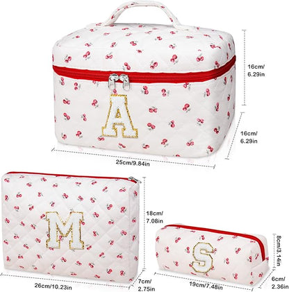 Initial Makeup Bag Set, Personalized Quilted Makeup Bag, Large Floral Cosmetic Bag for Women, Cute Cotton Custom Make up Bags, Flower Travel Toiletry Bag Teen Girl Gift Trendy Stuff Gift Red Cherry K