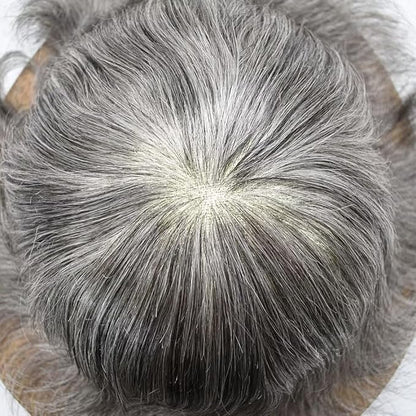FACE MIRACLE Mens Toupee Lace Front Hairpieces Soft Human Hair Replacement System Natural Hairline Toupee for Men French Lace Poly V-Looped Mens hair Units 6"X8" #1B60 Off Black with 60% Gray