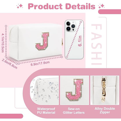 Small Initial Patch Makeup Bag Personalized Gifts Make Up Bag,White Cute PU Leather Glitter Letter Cosmetic Bag with Zipper,Trendy Portable Travel Toiletry Pouch,Preppy Stuff for Teen Girls Women J
