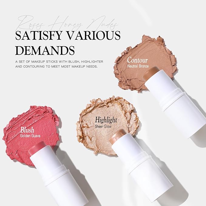 bayfree 3 PCS Makeup Cream Contour Stick Set, Highlighter Stick & Bronzer Stick & Blush Stick, Long Lasting, Natural Face Contour, Dewy & Matte Finish, Multi Stick Trio for All Skin