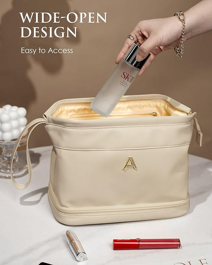 Gifts for Her - Initial Large Makeup Bags, Personalized Double Layer Cosmetic Bags with Makeup Brush Organizer, Waterproof PU Leather Travel Toiletry Bags for Wedding & Bridesmaid Gifts
