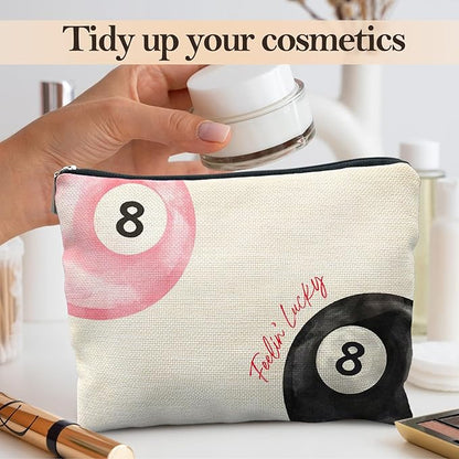 Retro Pink and Black Lucky 8 Ball Makeup Bag, Funky Preppy Cosmetic Bags for Women, Preppy Stuff Makeup Pouch, Feeling Lucky Zipper Pouch