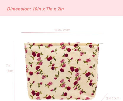 PAZIMIIK Makeup Bag Large Zipper Corduroy Make Up Pouch for Purse Travel Canvas Cosmetic Organizer for Women Brush Storage,Vintage Rose Beige