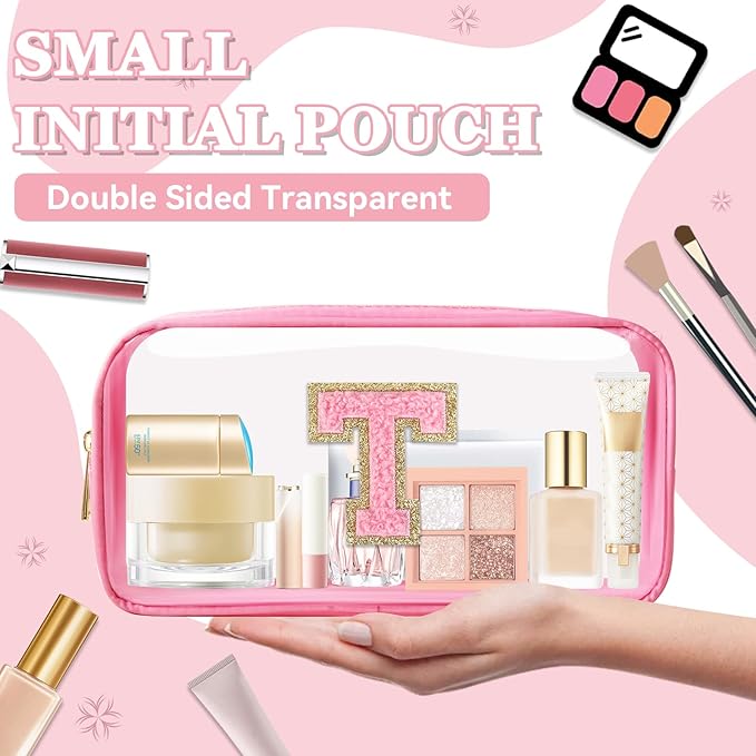 Small Clear Personalized Initial Makeup Bag, Preppy Nylon A-Z Chenille Letter Patch Makeup Organizer TSA Approved Travel Toiletry Bag,Waterproof Zip Beach Cosmetic Pouch Purse for Women(Pink-Pink T)