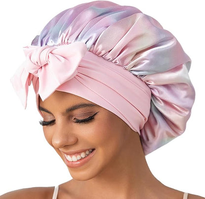 GDTOGRT Satin Silk Bonnet for Sleeping Women - Double Layer Sleep Hair Bonnets Caps for Curly Braid Hair with Tie Band