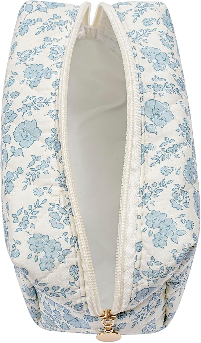 JOVAKIT Square Makeup Bag Cute Cosmetic Bag for Women, Floral Coquette Aesthetic Toiletry Bag, Zipper Make Up Pouch, Travel Make Up Organizer Bag (Blue Floral)