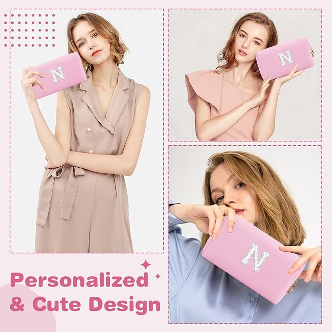 ChaoGreat Bride Gifts – Personalized Initial Makeup Bag with Pearl Rhinestone Patch, Preppy Pink Monogram Cosmetic/Toiletry Pouch, bridesmaid Gifts, Bridal Shower Gifts, Wedding Gifts, Bridal Gifts,N