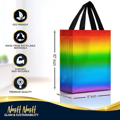 Nush Nush Holographic Rainbow Gift Bags Medium Size– Set of 12 Colorful, Reusable Rainbow Gift Bags with Handles - Ideal Goodie Bag for Birthday Party, Kids Party, Sleepover, Pride Events - 8x4x10