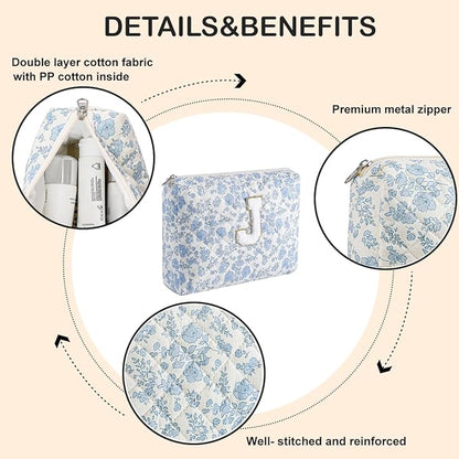 Alphabet Makeup Bag Cosmetic Bag for Women, Christmas Gifts for Age 11-18, Personalized Floral Coquette Travel Bag, Trendy Stuff Zipper Make Up Pouch Organizer Bag (Blue Floral J)